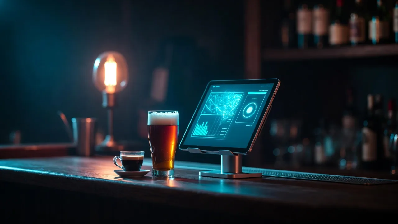 Balcão de bar à noite com um tablet exibindo um sistema de caixa em luz azul, ao lado de um copo de cerveja e uma xícara de café